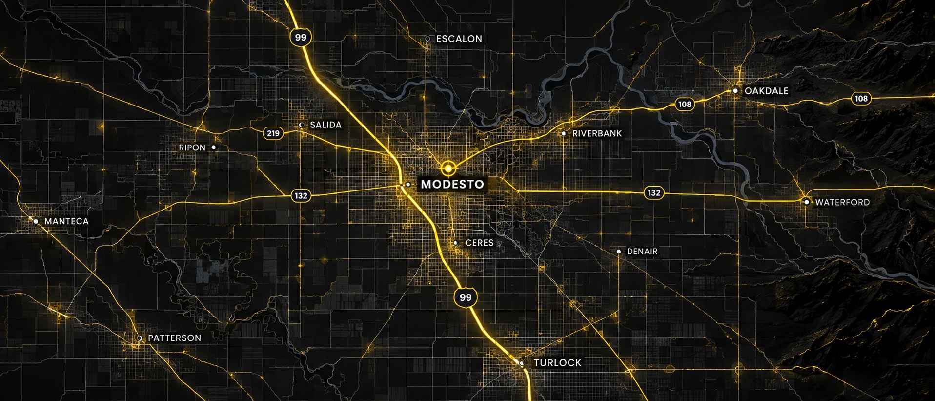 Stylized night map of Modesto and the surrounding Central Valley service area.